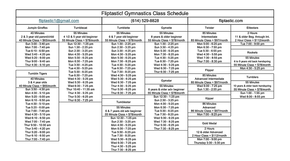 CLASS SCHEDULE Fliptastic Class schedule fliptastic